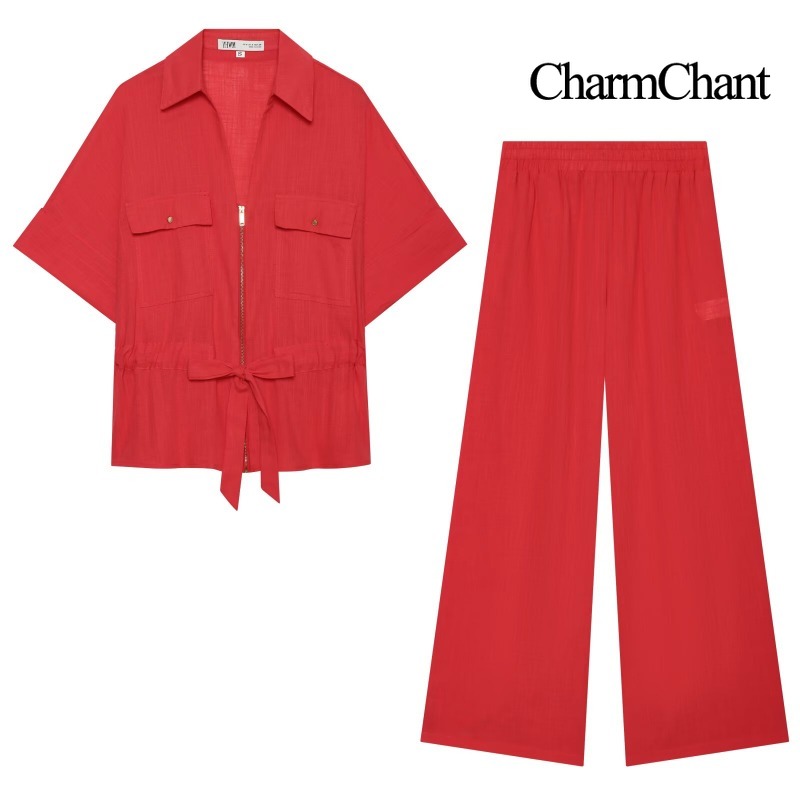 Short Linen Drawstring - ชุดเซ็ตสองชิ้นผ้าลินินผสมสำหรับผู้หญิง CHARMCHANT เสื้อซิปพร้อมกางเกงขายาวเอวเชือกผูก ชุดเข้าชุดสำหรับวันหยุด ฤดูร้อน 2026